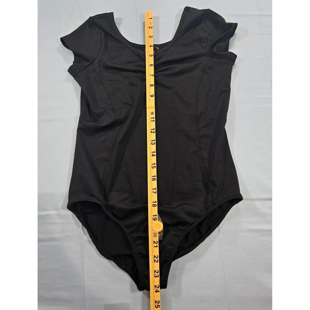 Rainbeau Moves Girls Black Short Sleeve Pinch Front Dance Leotard XL RB6827G